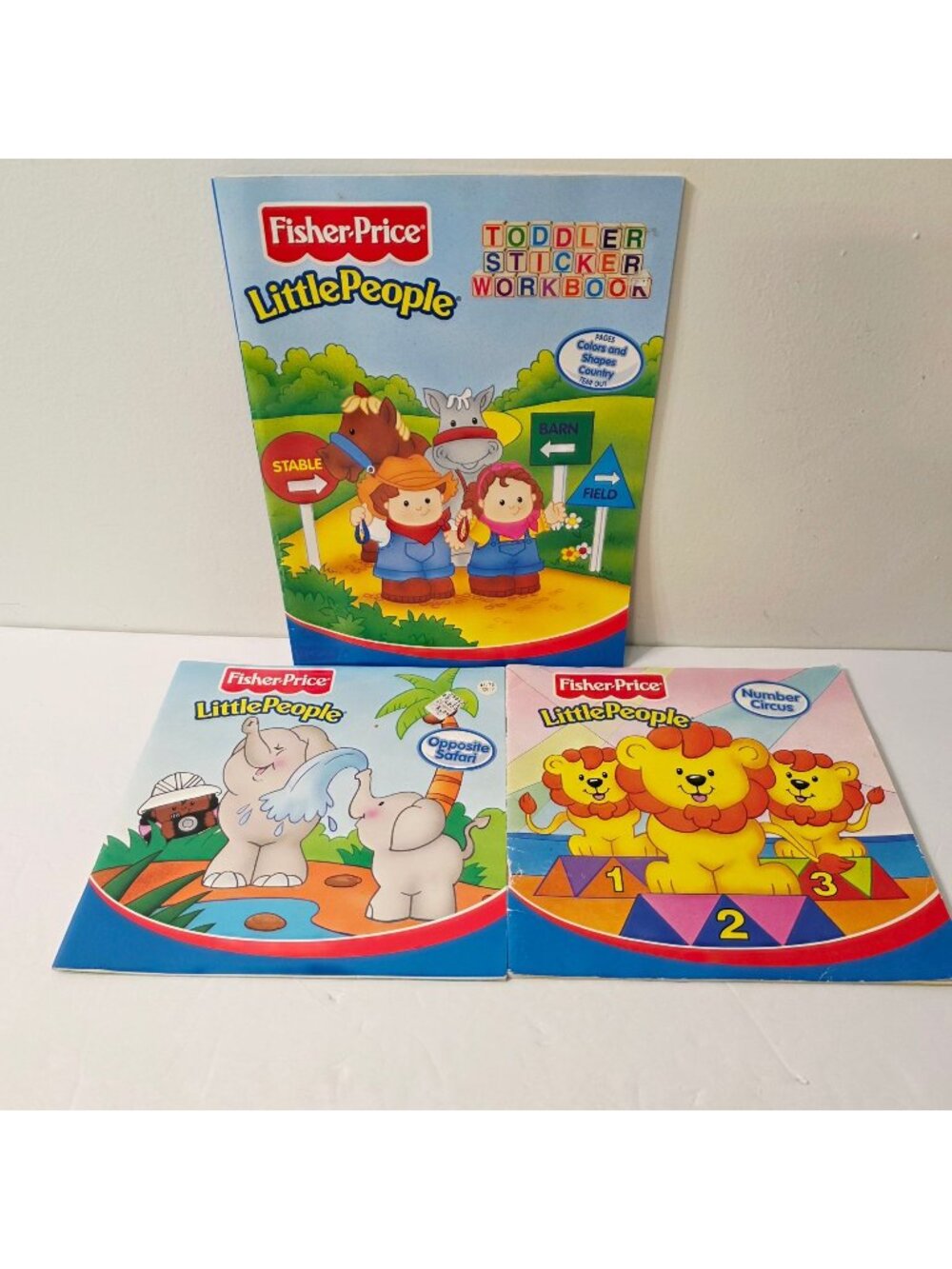 3 Vtg Fisher Price Little People Opposite Safari Circus Books Sticker Workbook
